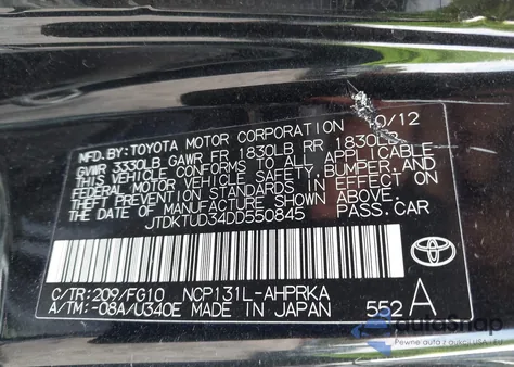 2013 Toyota Yaris Le from USA, damaged, VIN JTDKTUD34DD550845